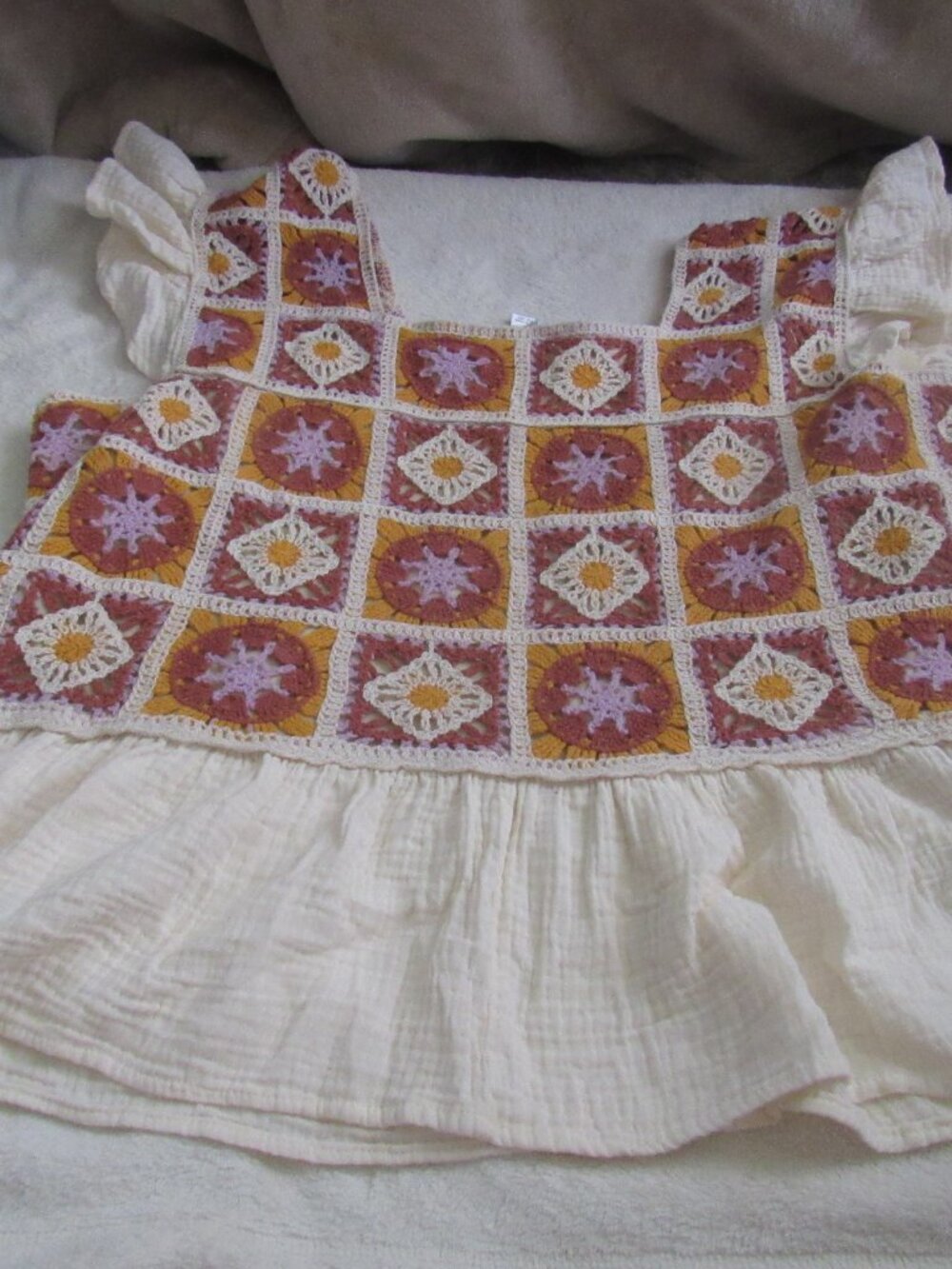 Cato Fashion Top Multi Color Crochet Patchwork Cream Color Gauze Bottom 26-28W - Picture 5 of 5